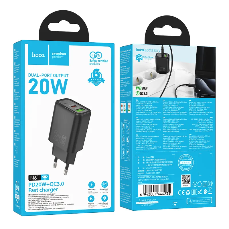 Củ Sạc PD20W+QC3.0 Hoco N61 Gentle (EU) thiết kế vỏ PC chống cháy bền bỉ