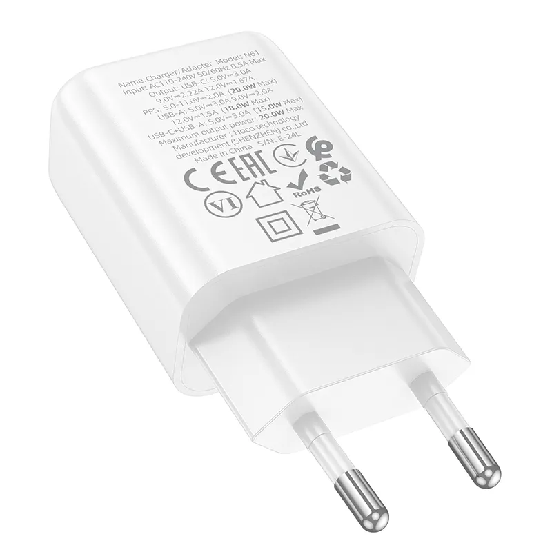 Kích thước Củ Sạc PD20W+QC3.0 Hoco N61 Gentle (EU) 83x39.5x26.5mm, trọng lượng nhẹ 50g