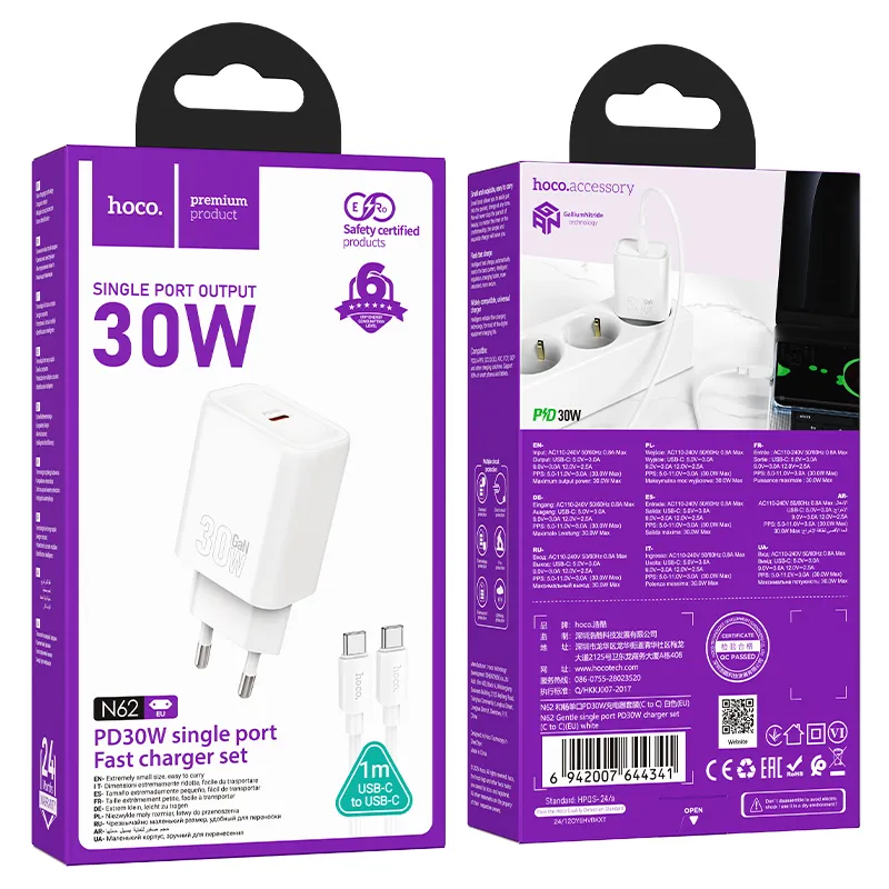 Bộ Sạc Kèm Dây C to C Hoco N62 Gentle PD30W (EU) với thiết kế nhỏ gọn, sang trọng