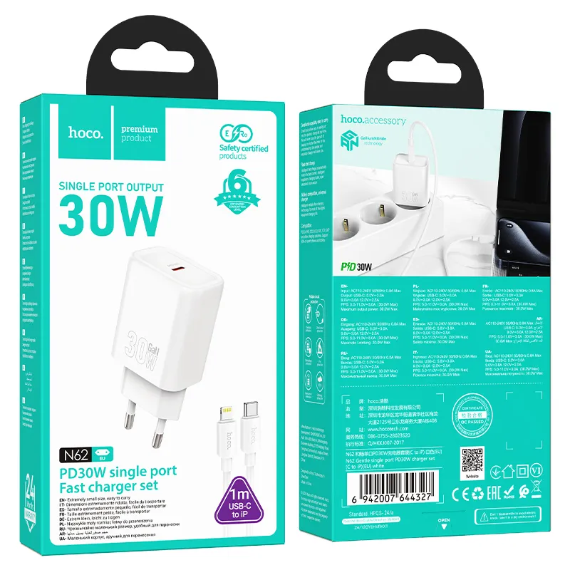 Bộ Sạc Kèm Dây C to iP Hoco N62 Gentle PD30W (EU) thiết kế nhỏ gọn tiện lợi