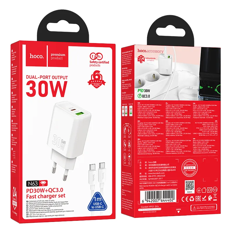 Bộ Sạc Kèm Dây C to C Hoco N63 Gentle PD30W+QC3.0 thiết kế gọn nhẹ tiện lợi cao cấp