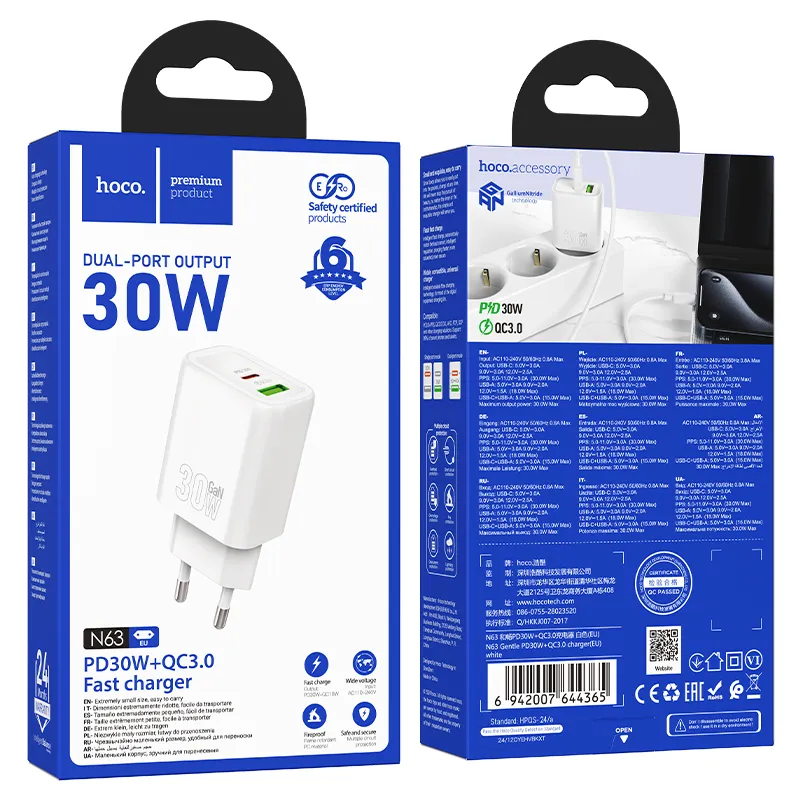 Củ Sạc PD30W+QC3.0 Hoco N63 Gentle (EU) thiết kế nhỏ gọn màu trắng sang trọng
