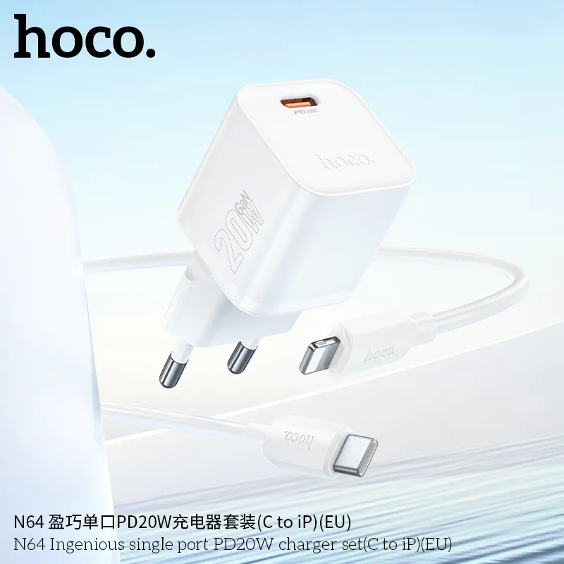Bộ Sạc Kèm Dây C to iP Hoco N64 Ingenious PD20W (EU) thiết kế nhỏ gọn hiệu năng cao