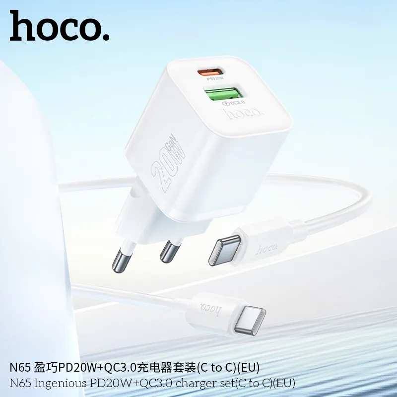Bộ Sạc Kèm Dây C to C Hoco N65 Ingenious PD20W+QC3.0 EU thiết kế nhỏ gọn, hiệu suất cao