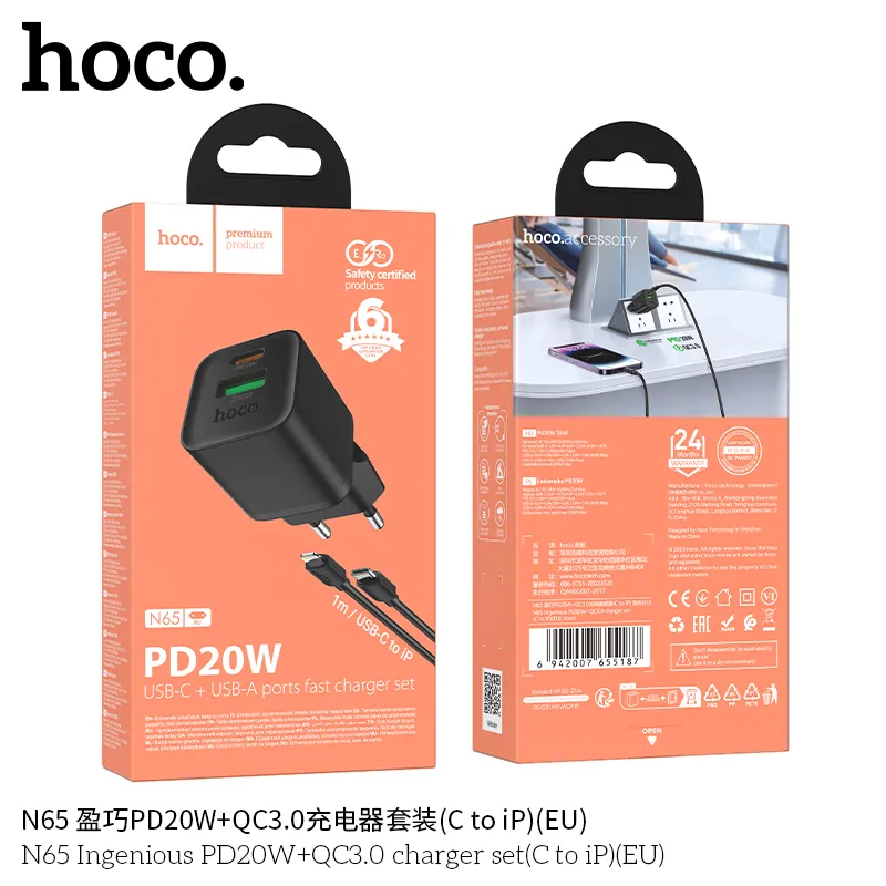 Đóng gói đầy đủ cáp C to iP dài 1m, phích cắm EU tiện lợi
