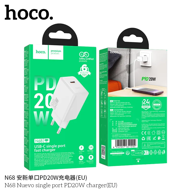 Kích thước củ sạc Hoco N68 Nuevo nhỏ gọn 84*38*27mm, trọng lượng 49g tiện mang theo