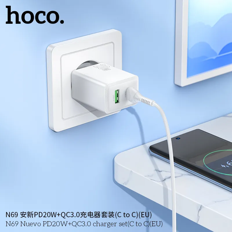 Thiết kế bộ sạc Hoco N69 với vỏ PC chống cháy, cắm chuẩn EU an toàn