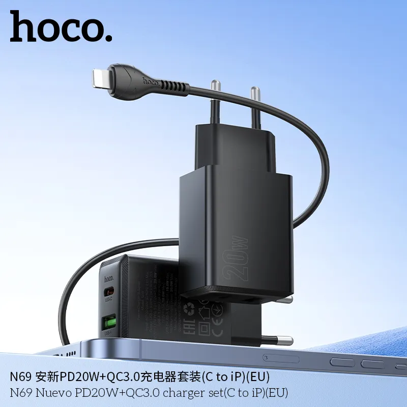 Bộ Sạc Kèm Dây C to iP Hoco N69 Nuevo PD20W+QC3.0 (EU) thiết kế gọn nhẹ, phù hợp sạc nhanh mọi thiết bị C to iP