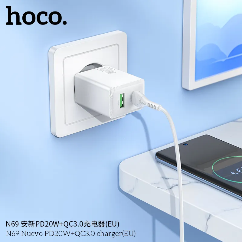 Thiết kế củ sạc PD20W+QC3.0 Hoco bền bỉ, kiểu dáng hiện đại, vỏ nhựa PC chống cháy
