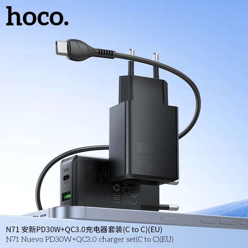 Bộ Sạc Kèm Dây C to C Hoco N71 Nuevo PD30W+QC3.0 (EU) thiết kế nhỏ gọn bền bỉ
