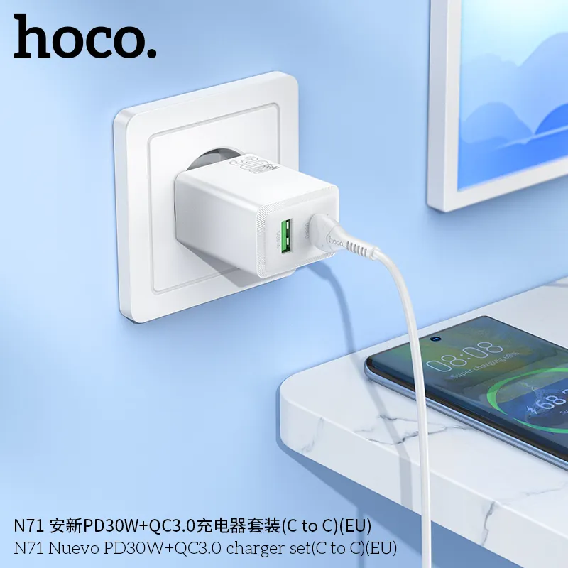 Thiết kế bộ sạc Hoco N71 với phích cắm chuẩn EU và cáp C to C dài 1m