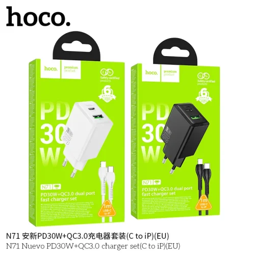 Bộ Sạc Kèm Dây C to iP Hoco N71 Nuevo PD30W+QC3.0 (EU)