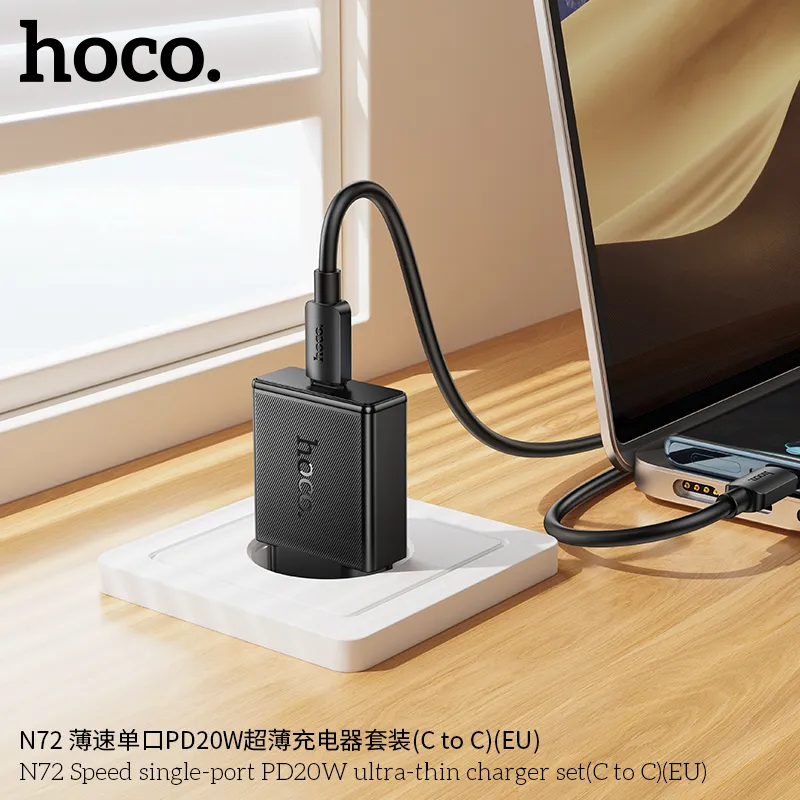 Bộ sạc Hoco N72 với kiểu dáng siêu mỏng, màu trắng tinh tế