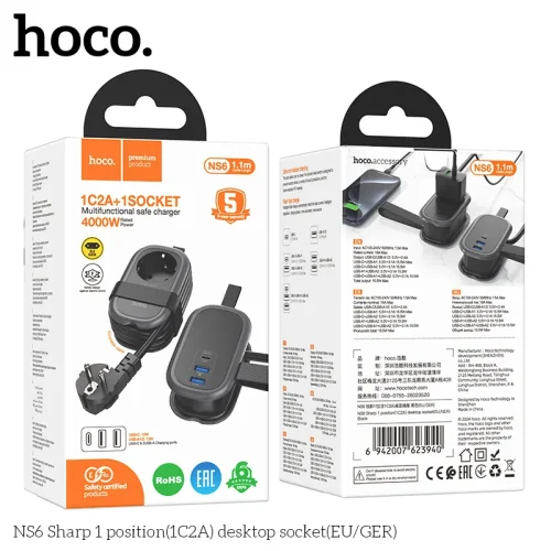 Ổ cắm để bàn Hoco NS6 Sharp 1 vị trí (1C2A) (EU/GER)