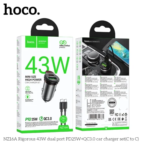 Tẩu Sạc Ô tô Hoco NZ16A Rigorous 43W PD25W+QC3.0 kèm dây C to C