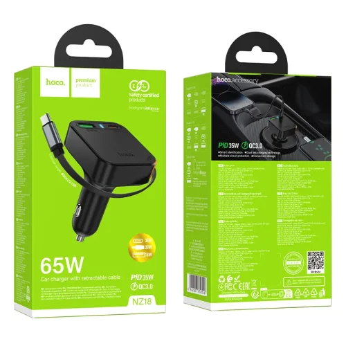 Tẩu Sạc Ô tô Hoco NZ18 Guardian PD65W (2C1A) kèm dây cáp thu gọn