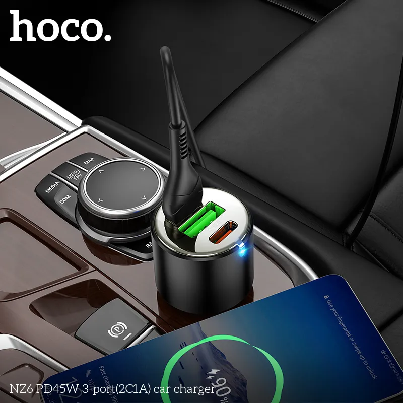 Đóng gói tẩu sạc ô tô Hoco NZ6 PD45W với hộp sang trọng, đầy đủ phụ kiện