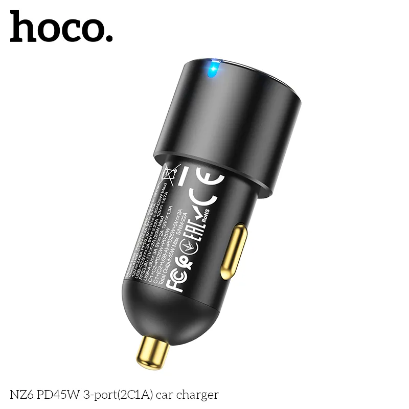 Kích thước tẩu sạc ô tô Hoco NZ6 PD45W nhỏ gọn 62x26mm, trọng lượng 43g