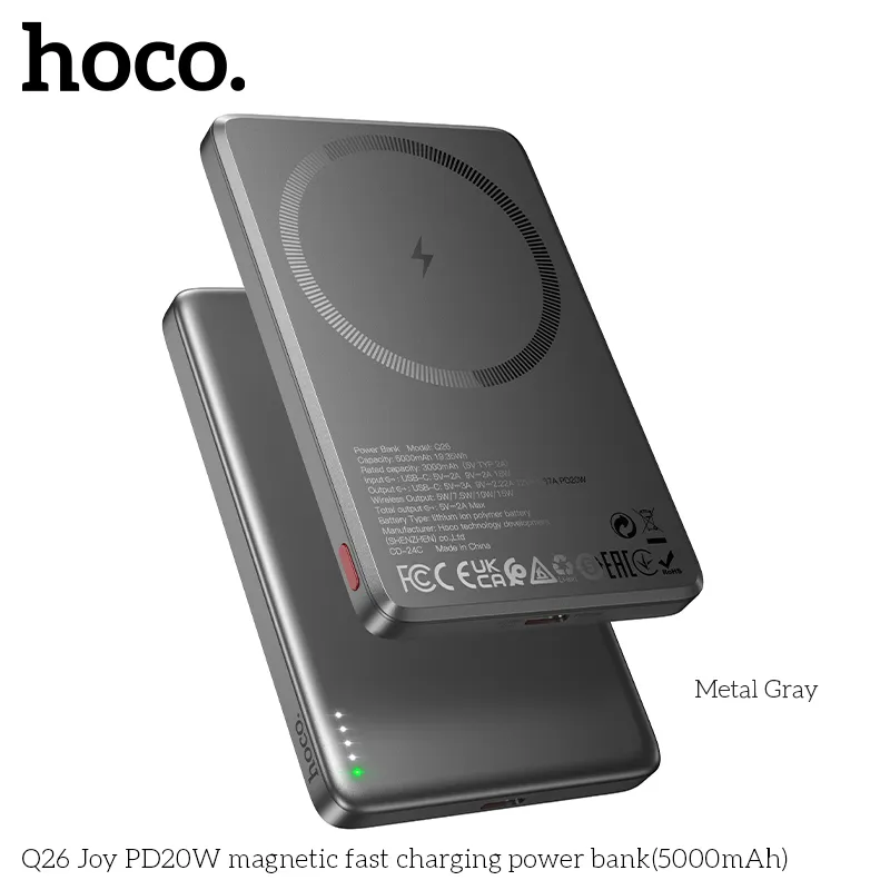 Kích thước nhỏ gọn 102x66x8.25mm dễ mang theo Pin Dự Phòng Hoco Q26 Joy PD20W nam châm sạc nhanh 5000mAh công suất mạnh mẽ sạc không dây tiện dụng