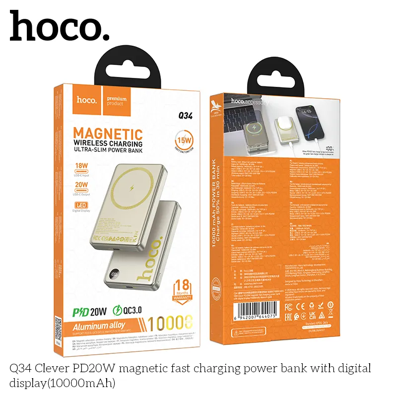 Pin Dự Phòng Hoco Q34 Clever PD20W thiết kế vỏ hợp kim nhôm bền bỉ chống cháy