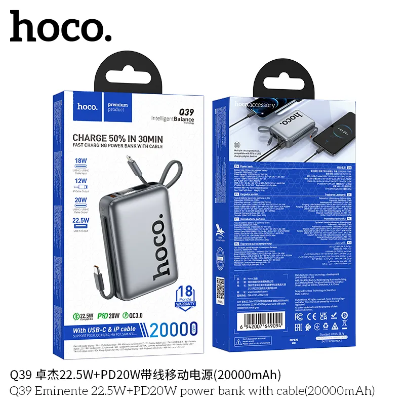 Pin dự phòng Hoco Q39 Eminente thiết kế hiện đại, màu sắc tinh tế phù hợp mọi phong cách