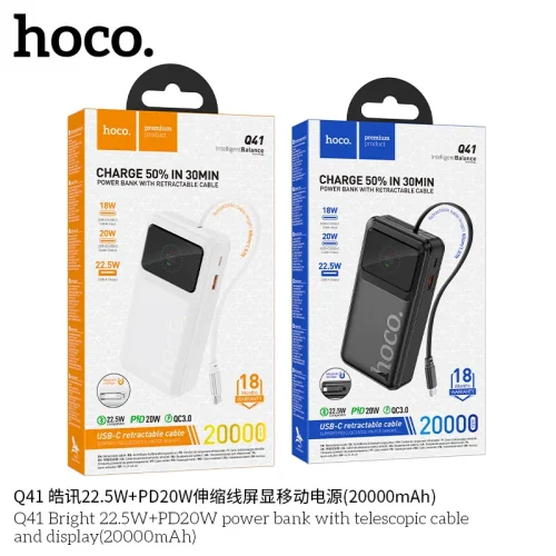Pin Dự Phòng Hoco Q41 Bright 22.5W+PD20W kèm cáp rút và màn hình hiển thị 20000mAh