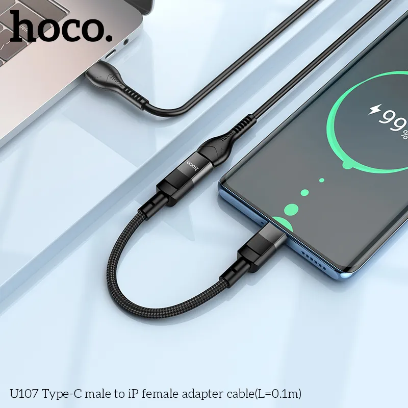 Cáp Sạc Type-C to iP Hoco U107 Male to Female Adapter 0.1M chất lượng cao, thiết kế nhỏ gọn tiện lợi