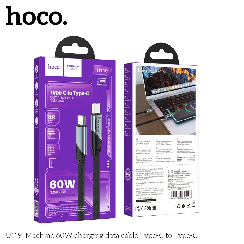 Cáp Hoco U119 với thiết kế vải dệt chống rối, khớp nối hợp kim nhôm sang trọng