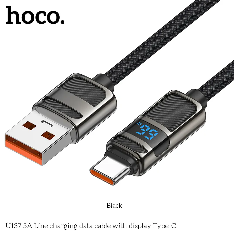 Đóng gói sản phẩm cáp Hoco U137 5A dạng hộp chắc chắn, bảo vệ sản phẩm tối ưu
