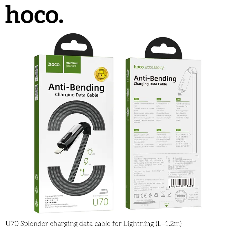 Cáp Sạc iP Hoco U70 Splendor thiết kế bền bỉ, chất liệu hợp kim kẽm và nylon cao cấp