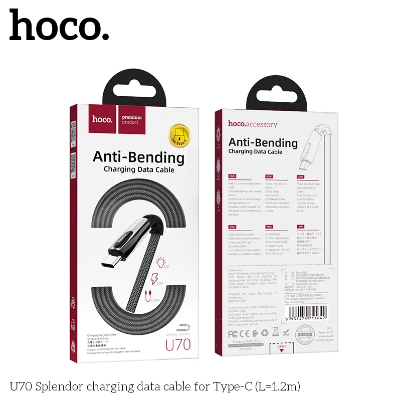 Cáp Sạc Type-C Hoco U70 Splendor thiết kế bền bỉ chuẩn công nghệ hiện đại