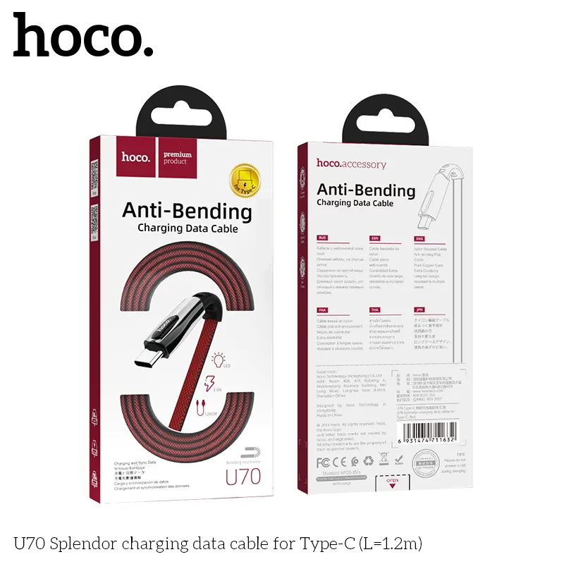 Cáp sạc Hoco U70 Splendor với thiết kế hợp kim tinh tế chống đứt gãy