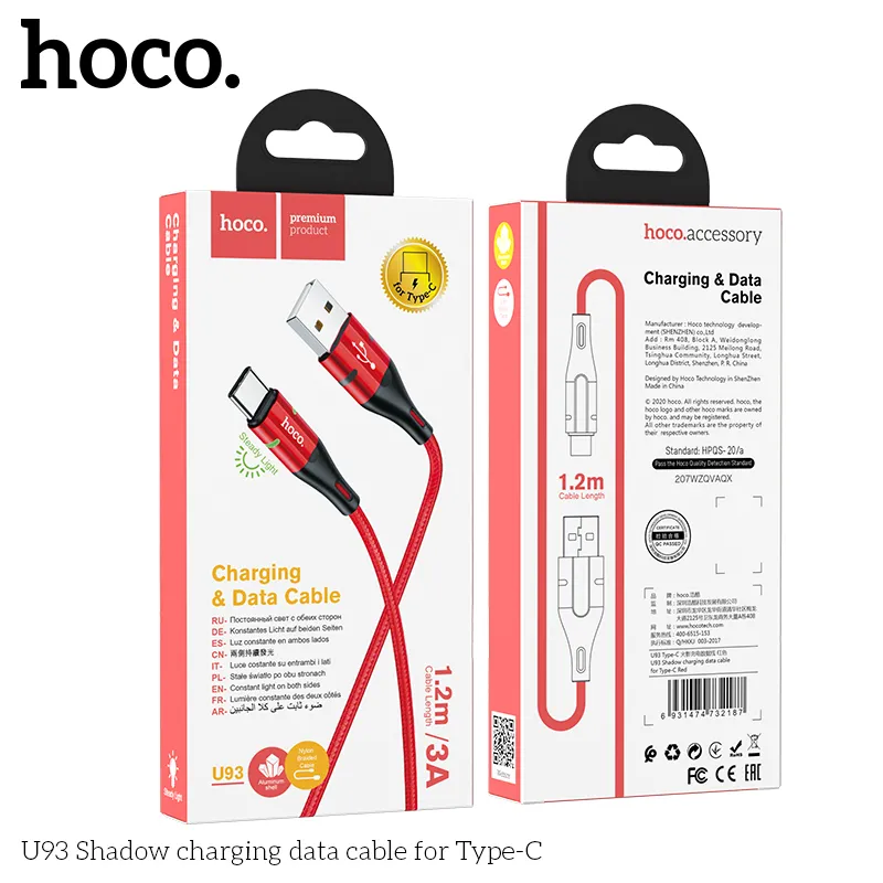 Cáp Sạc Type-C Hoco U93 Shadow thiết kế bền đẹp chất liệu cao cấp tiện lợi
