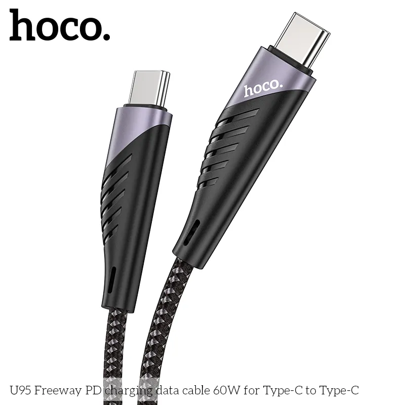Cáp Sạc Type-C to Type-C Hoco U95 Freeway 60W bền bỉ, sạc nhanh, chiều dài 1.5m, thiết kế nylon dệt mịn