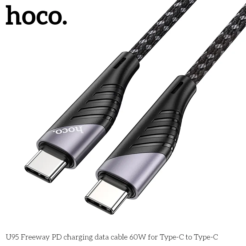 Thiết kế cáp sạc Hoco U95 Freeway 60W với vỏ nylon dệt bền, đầu nối hợp kim nhôm sang trọng