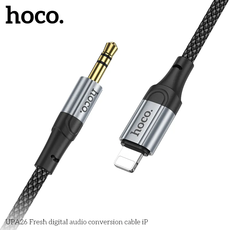 Cáp Chuyển Đổi Âm Thanh Hoco UPA26 Fresh iP mô tả chung, thiết kế nhỏ gọn kim loại bọc nylon, công năng chuyển đổi đầu Lightning sang 3.5mm, trải nghiệm âm thanh rõ nét trung thực, thương hiệu Hoco uy tín chất lượng, tính năng chi tiết lõi dây bền chắc 10/0.10BC*3C, đóng gói gọn nhẹ tiện lợi, kích thước 1m dài 4.2mm đường kính