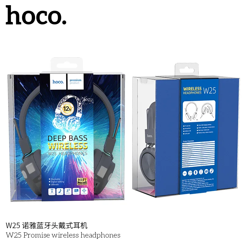 Đóng gói tai nghe Hoco W25 gọn gàng, bao bì chuẩn, đi kèm phụ kiện đầy đủ