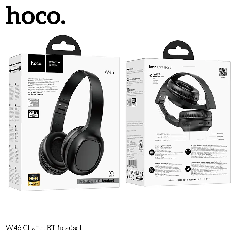 Tính năng chi tiết Hoco W46 Charm hỗ trợ Bluetooth, AUX, âm báo tiếng Anh Trung