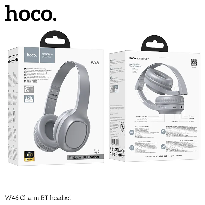 Đóng gói sản phẩm tai nghe Hoco W46 Charm đầy đủ phụ kiện, hộp nhỏ gọn tiện lợi