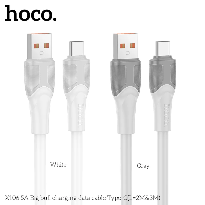 Cáp Sạc Type-C Hoco X106 Big Bull 5A L=3M thiết kế bền bỉ, độ dài 3 mét tiện lợi sử dụng
