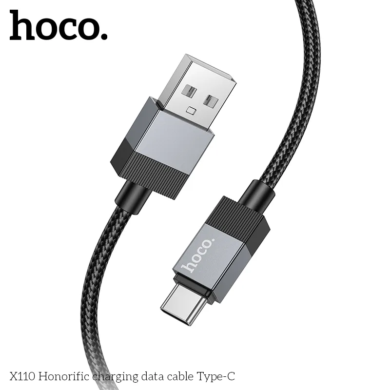 Thiết kế cáp sạc Type-C Hoco X110 Honorific bện nylon chống rối, đầu hợp kim nhôm chắc chắn