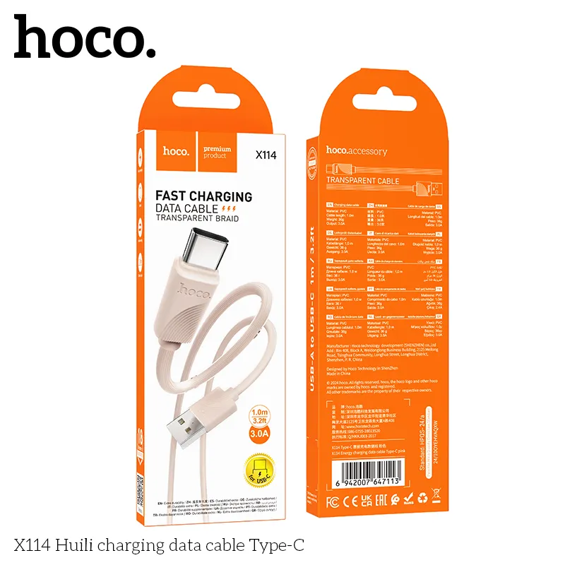 Đóng gói sản phẩm Cáp Sạc Type-C Hoco X114 Energy bảo vệ chắc chắn
