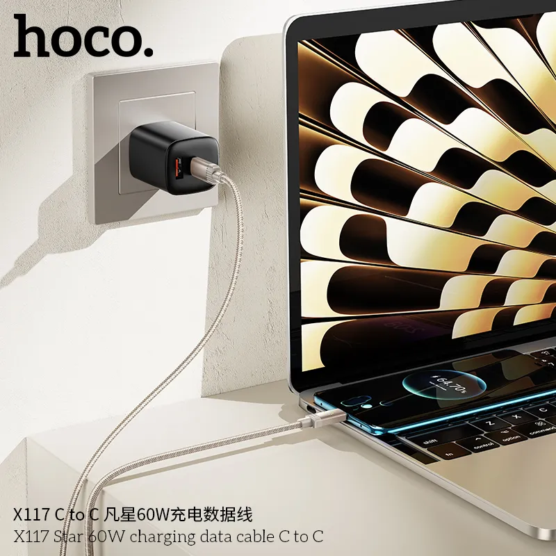 Cáp Sạc Type-C to Type-C Hoco X117 Star 60W thiết kế bền đẹp, phù hợp mọi thiết bị
