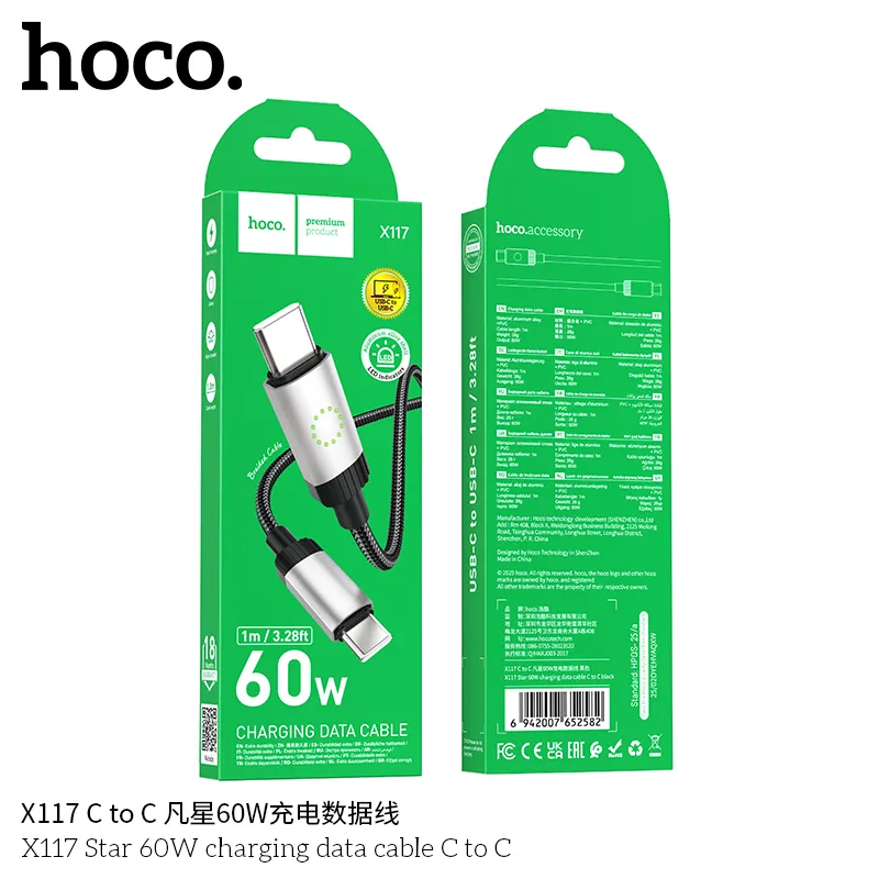 Đóng gói gọn gàng, bảo vệ sản phẩm tối ưu của Cáp Hoco X117 Star 60W