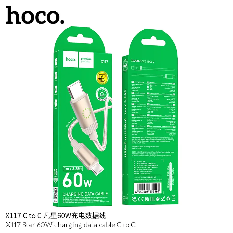 Kích thước nhỏ gọn 1m phù hợp dùng mọi lúc mọi nơi Cáp Hoco X117 Star 60W