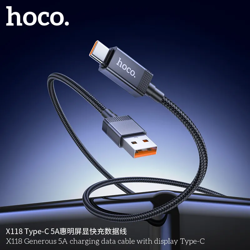 Cáp Sạc Type-C Hoco X118 Generous 5A with Display tổng quan thiết kế bền chắc và hiện đại