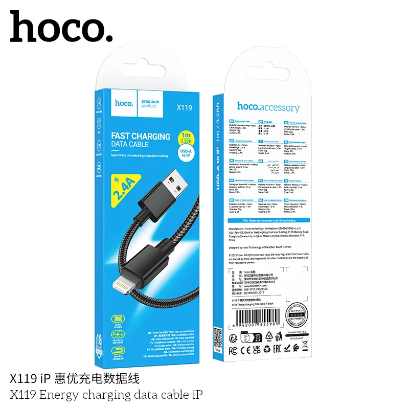 Cáp Sạc iP Hoco X119 Energy Packaged thiết kế nylon bọc ngoài chống gãy dây hiệu quả