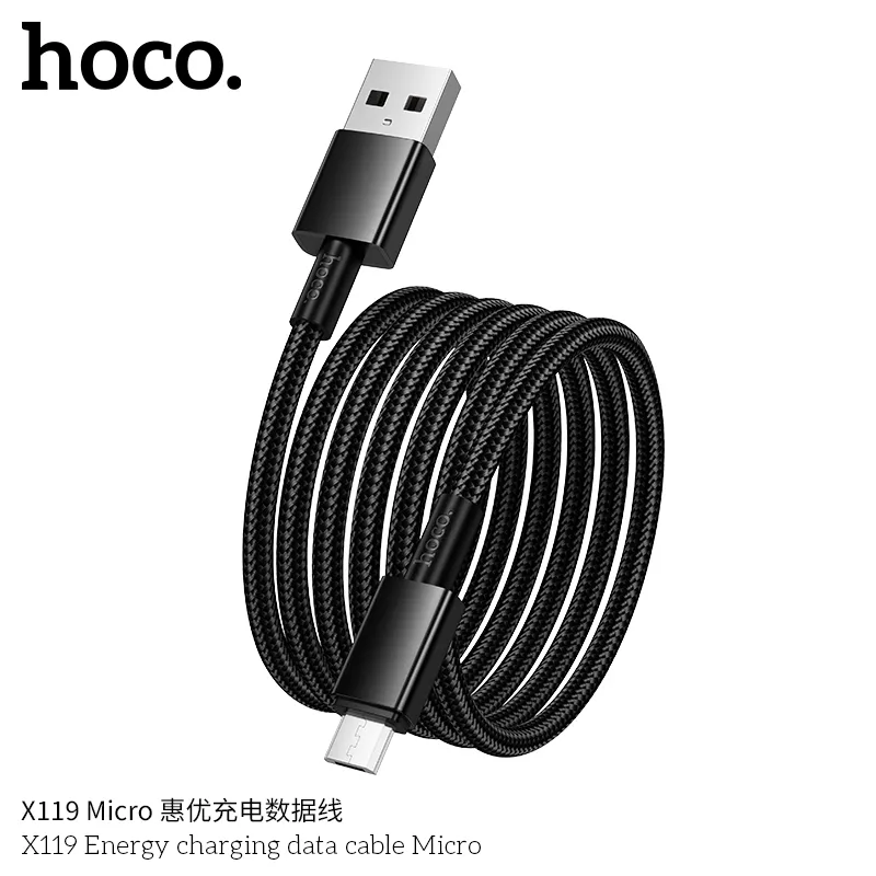 Cáp Sạc Micro Hoco X119 thiết kế nylon chống rối, khớp nối hợp kim nhôm chắc chắn