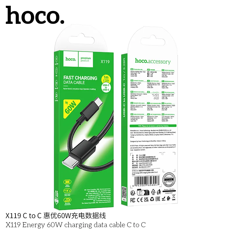 Cáp Sạc Type-C to Type-C Hoco X119 Energy 60W Unpackaged thiết kế hiện đại, chất lượng cao