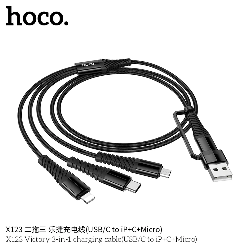Cáp Sạc 3-in-1 Hoco X123 Victory USB/C to iP+C+Micro thiết kế tiện lợi đa năng sạc nhanh